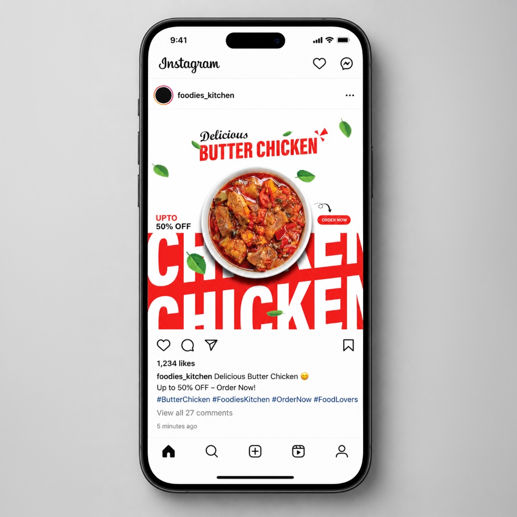 Foodies Kitchen Butter Chicken Instagram Ad Design